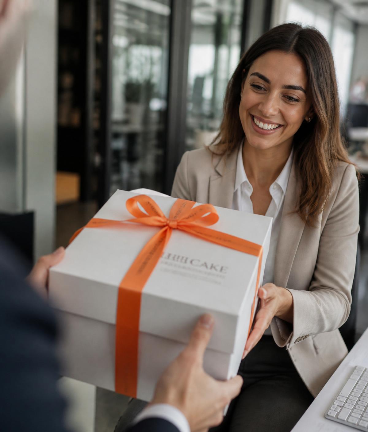 A CakeCarrot ambassador handing a cake to a decision maker