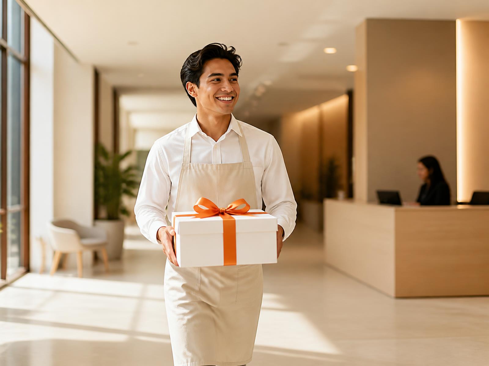 A CakeCarrot ambassador delivering a branded cake to an office